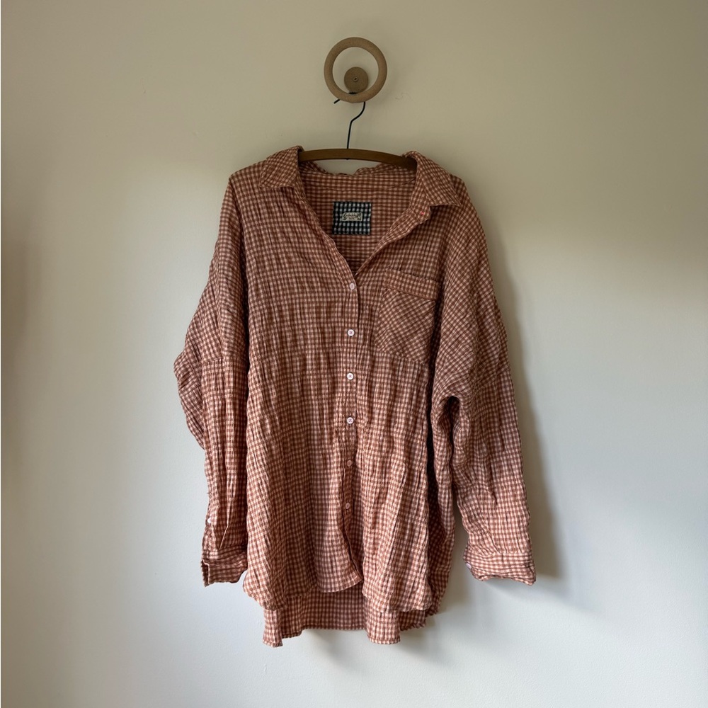 Free People Oversized Gingham Button Up in Clay Size Medium